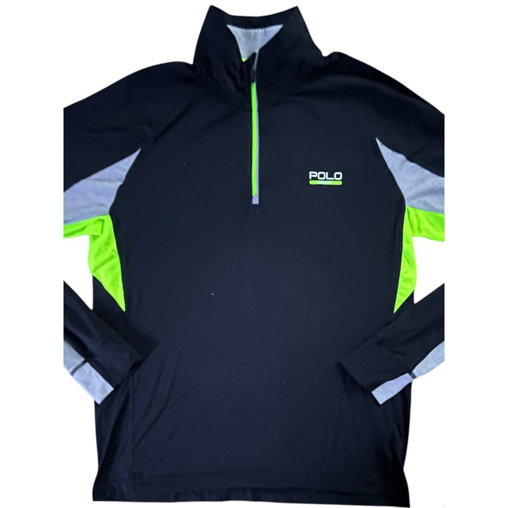 Polo Sport Shirt Mens Large US Open Tennis Pullover 1/4 Zip Neon Long Sleeve
